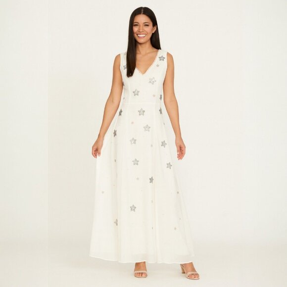 ModCloth White Sequin Star Maxi Dress Size M Celestial Glam Occasion Festival - Picture 4 of 10
